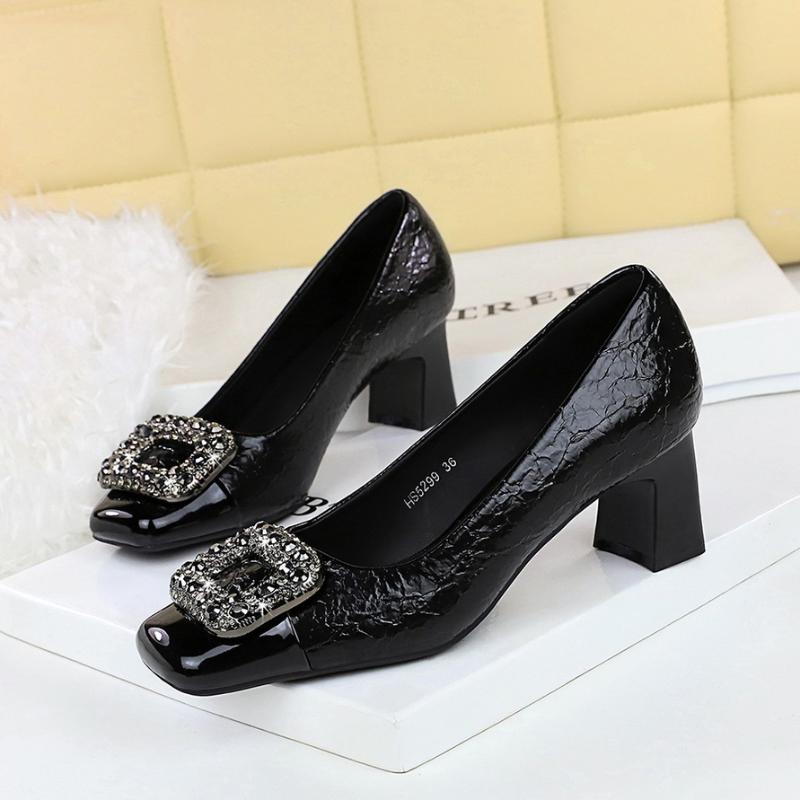 Fashion Banquet Thick Heel Women's Shoes Color-Blocked Square Toe Light Mouth Sparkling Metal Buckle High Heels Single Shoes