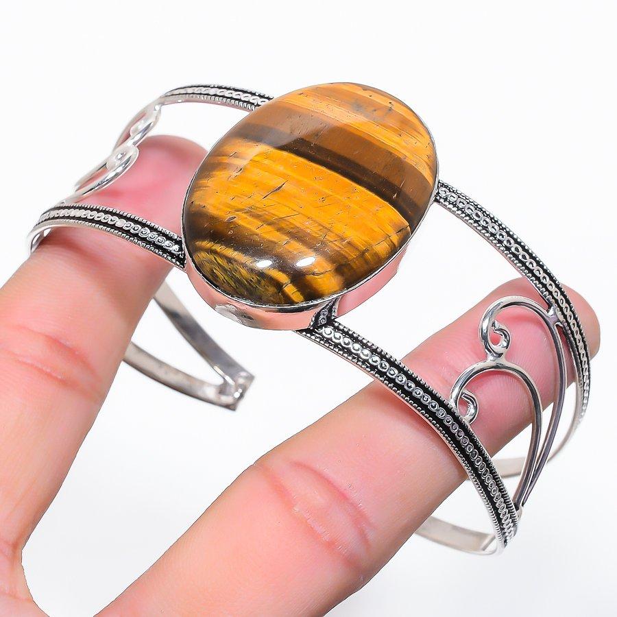 Natural Tiger Eye Gemstone 925 Sterling Silver Cuff Bangle Adjustable F1U11