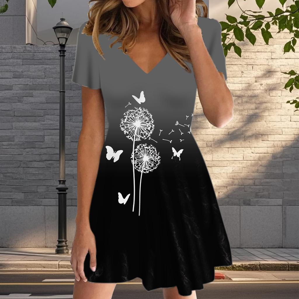 Summer Fashion Women's V Neck Short Sleeve Dandelion Printed Dress Sex Short Skirt Dresses