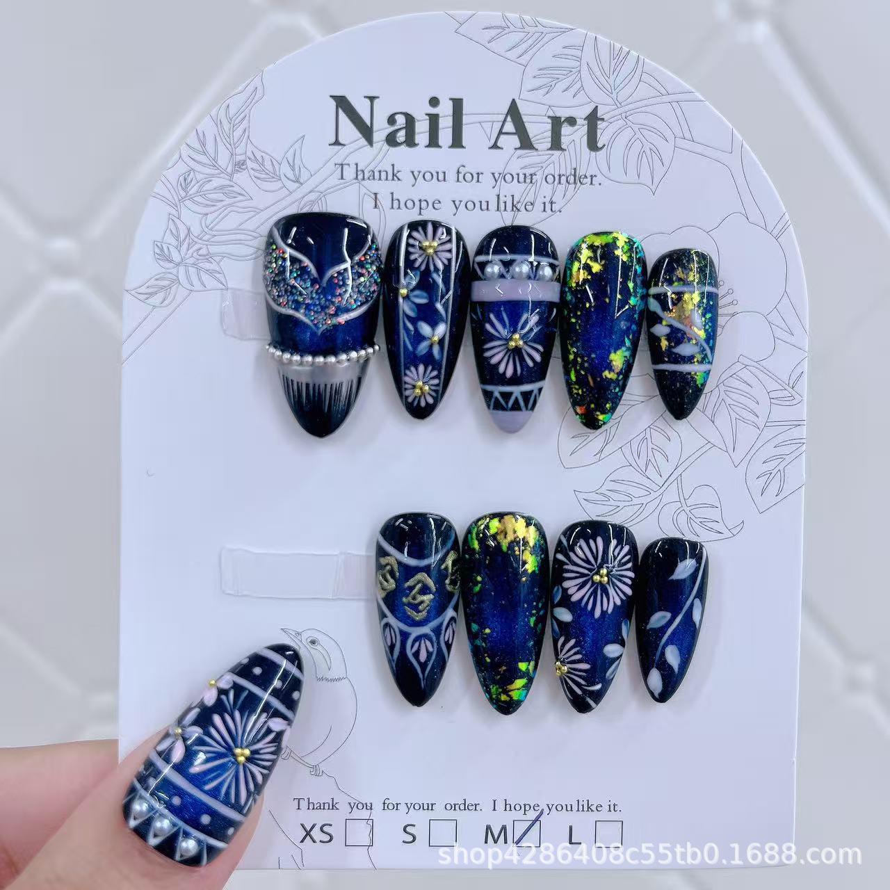 

Bohemian Deep Blue Daisy Pearl Almond Nail Stickers Extra Small