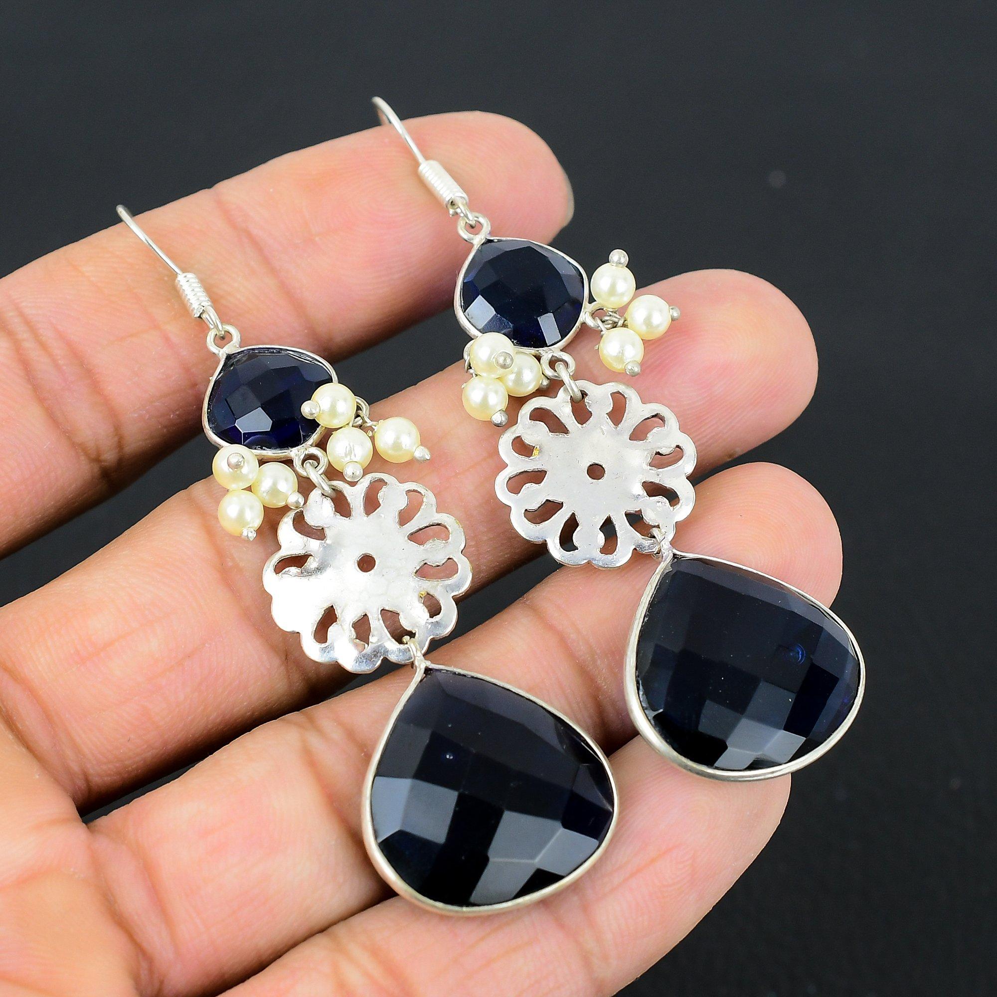 

Birthday Gift For Her Natural London Blue Topaz Drop/Dangle Earrings 925 Silver