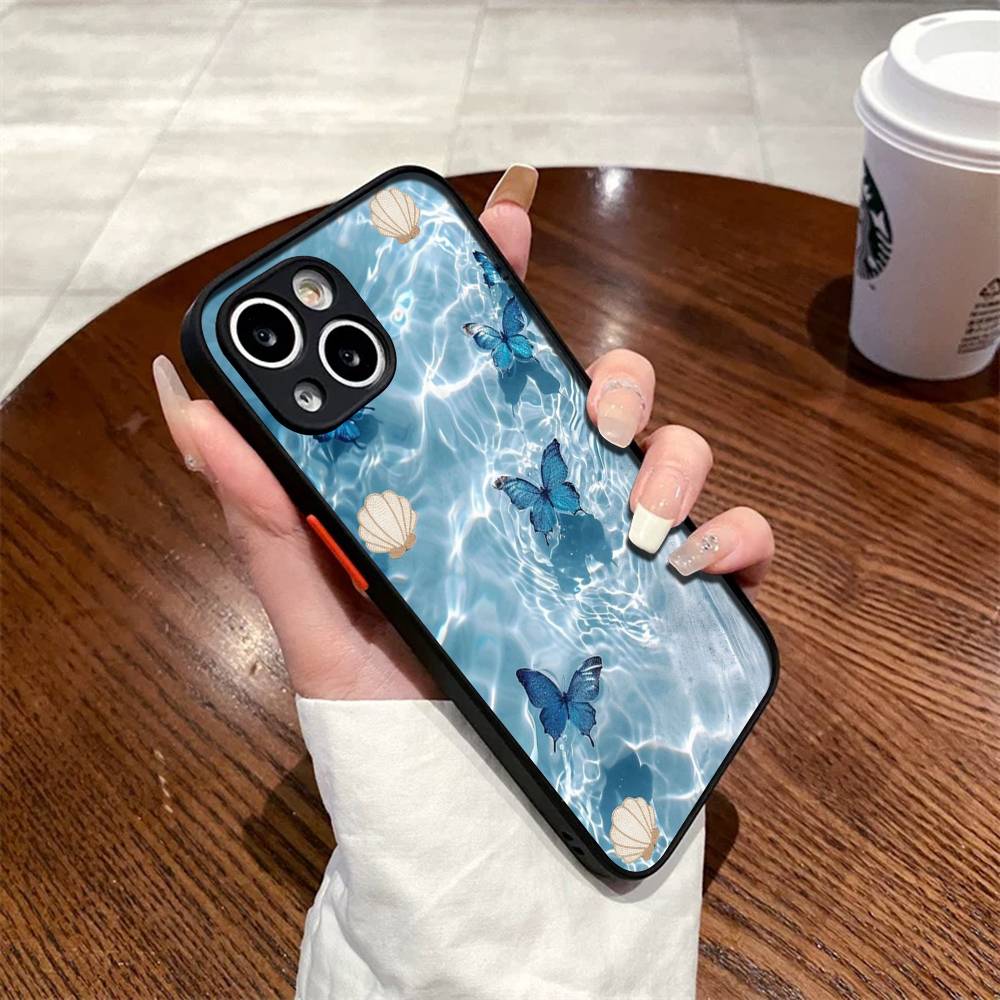 Blue Butterfly Ocean Waves Shockproof Matte Phone Case For IPhone 16 15 14 13 12 11 Pro Max X XR XS MAX Mini
