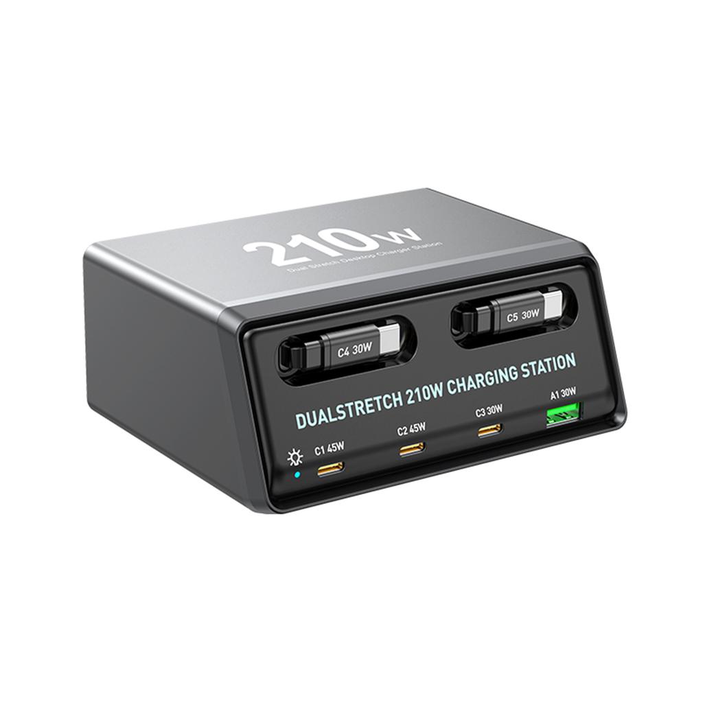 210W 6 Port Desktop Charger with 2 Retractable Type C Cables Multi Port Fast Charging GaN Technology Smart Power