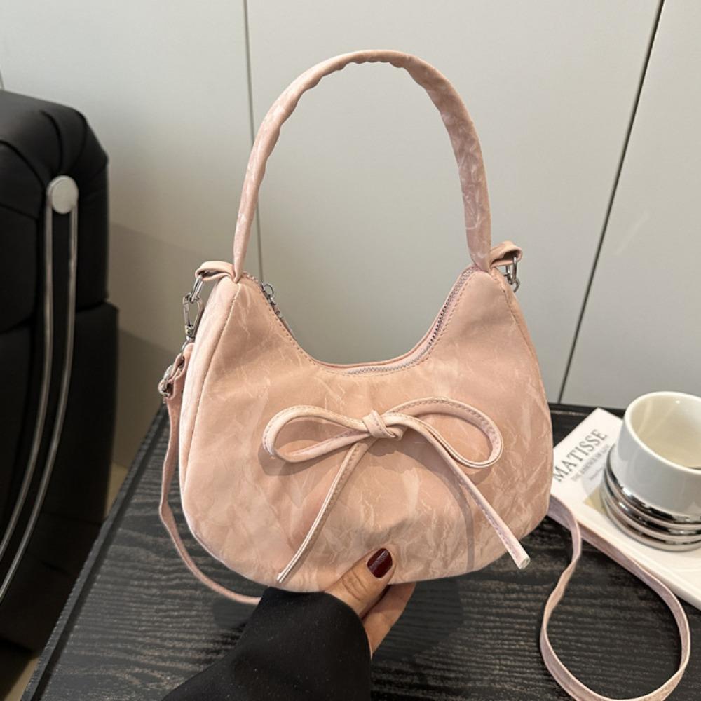 Lace Pearl Pendant Bow Shoulder Bag Large Capacity French Style Handbag PU Hobo Bag  Streetwear