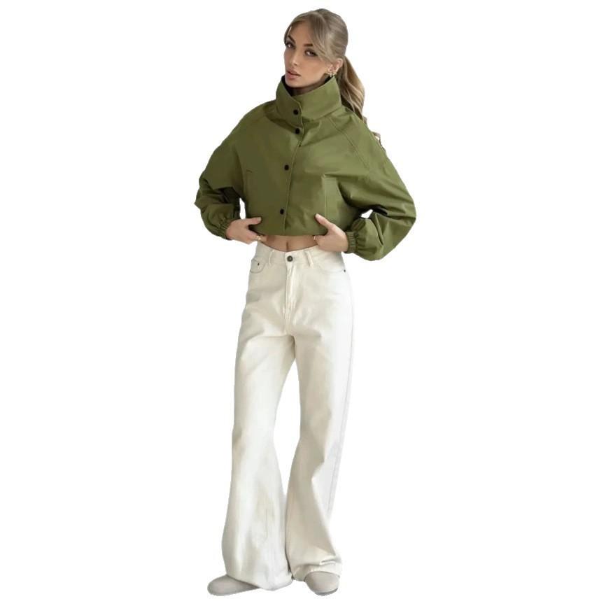 Women's Stand Collar Jacket Button Down Lantern Sleeve Elastic Cuff Pocket Solid Color Casual Coat