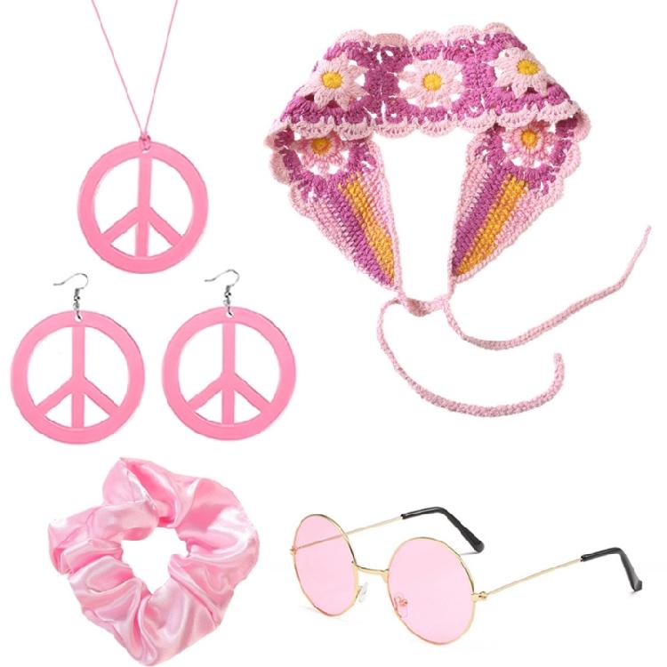 1970s Hippie Costume Jewelry Accessory For 70s 60s Themed Party Hair Band Glasses Knitted Headband Necklace Earrings