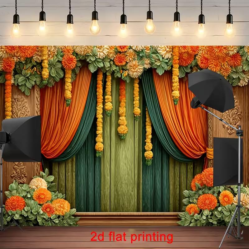 2D Orange Marigold Floral Curtain Wood Backdrop Wedding Photo Banner