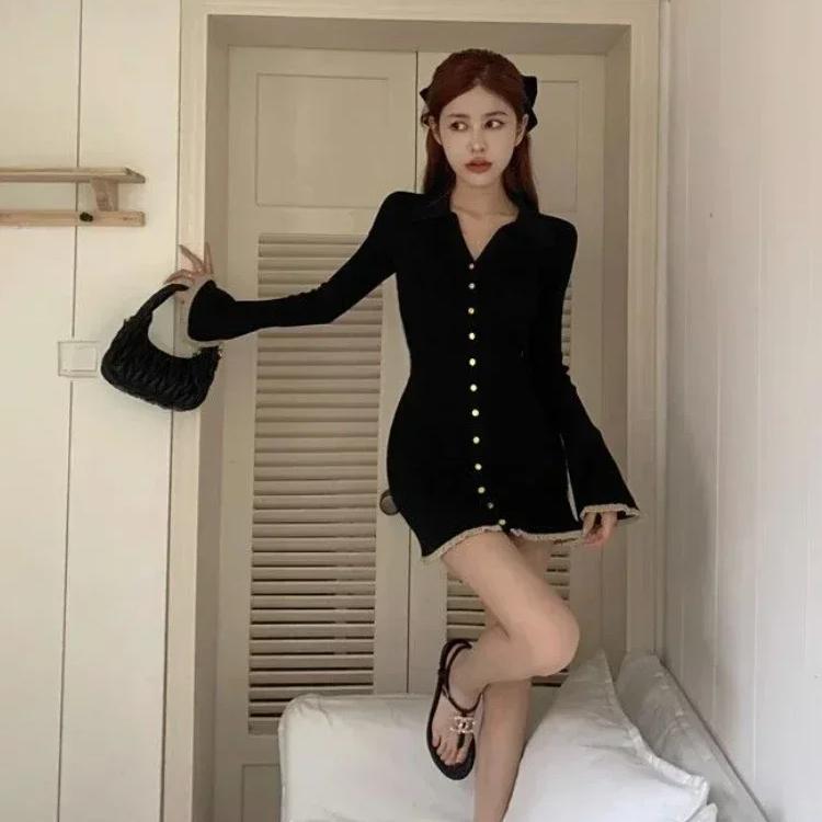 Vestido preto de primavera mini cabaré feminino estilo coreano Y2k babados doces manga longa túnica de malha vestidos de outono