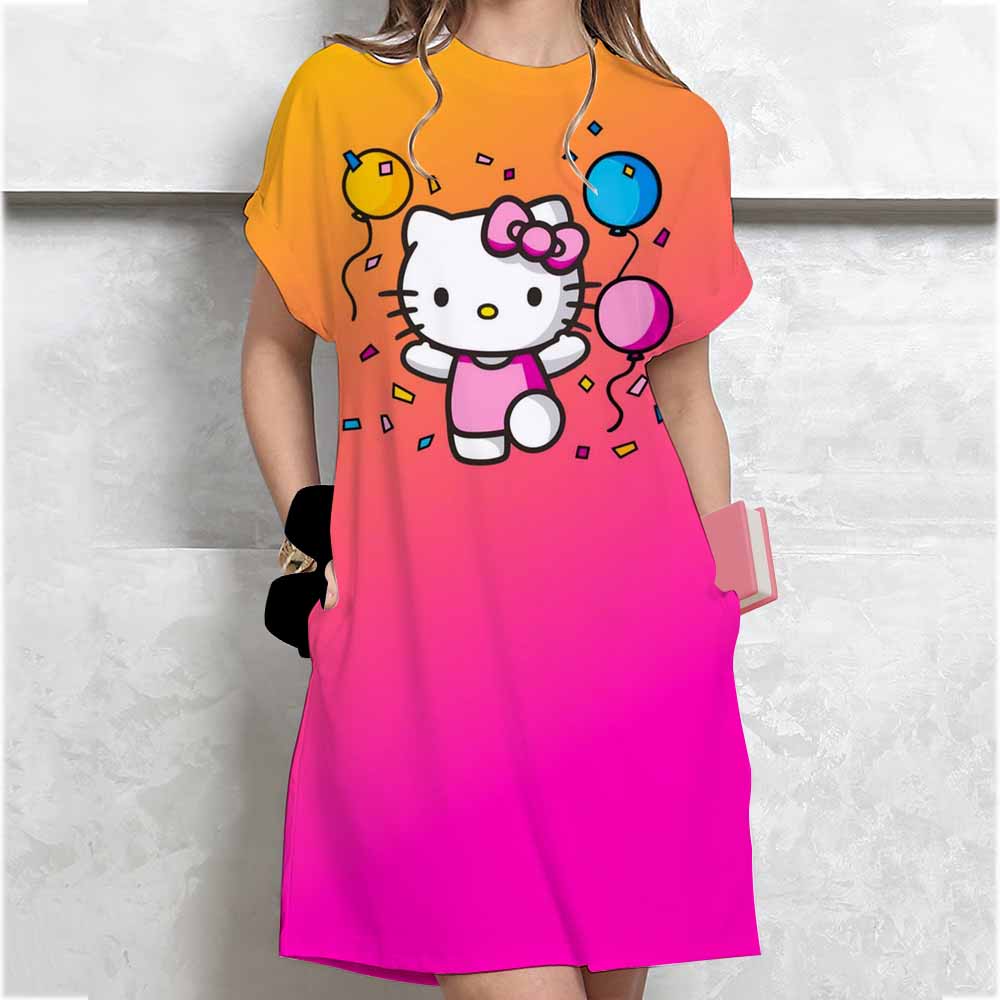 Women's Long Tshirt Dress Summer Fashion Girl Hello Kitty Print Oversized Casual Round Neck Short Sleeved Mini T-shirt Dress