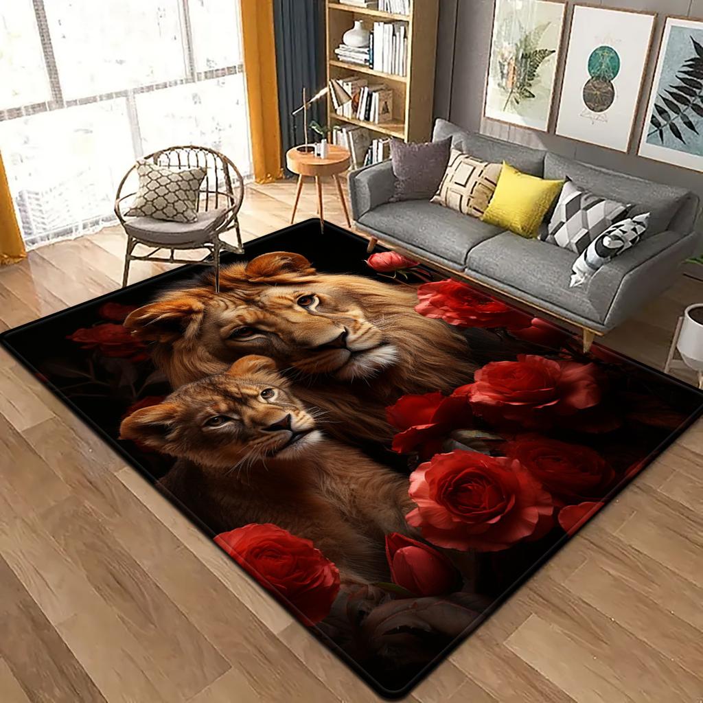 Romantic Rose & Lion Couple Rug – Square Dual-Lion Design Carpet for Bedroom or Living Room Indoor Decor