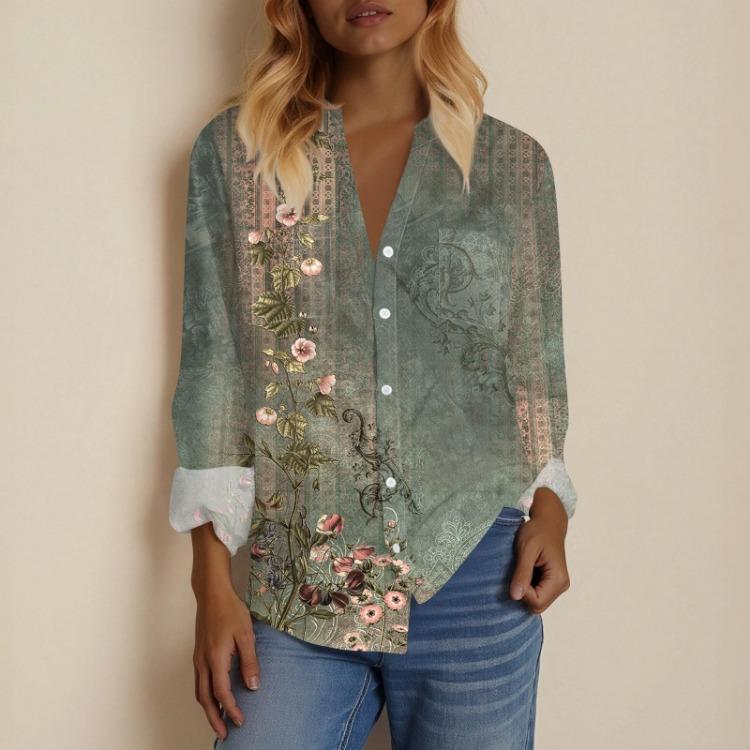 Vintage Boho Dámské bavlněné lněné topy Volné halenky s dlouhým rukávem a výstřihem do V