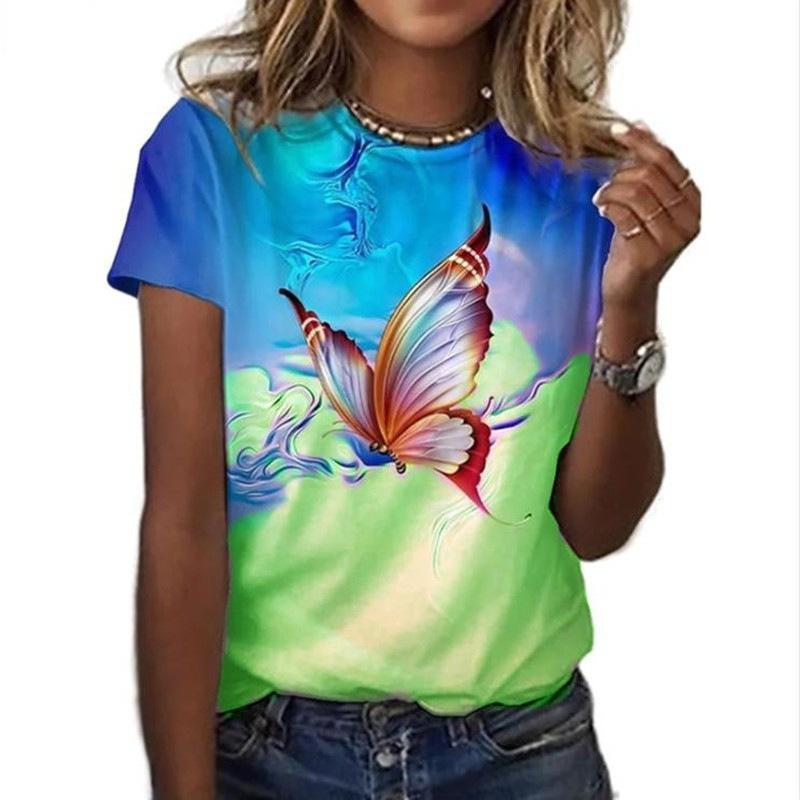 Summer Round Neck 3D Feather Animal Simplicity Print Top Fashionable Casual Short Sleeved Women's T-shirts