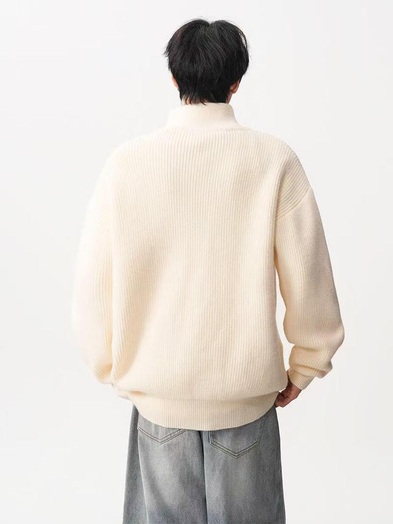 Men's Loose Knit Half-Zip Sweater - Solid Color, Stand-Up Collar, Cozy Autumn/Winter Pullover