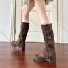 Fashion Retro Fashion Removable Two Wear Suede Knee High Long Boots Chunky High Heeled Women's Shoes 2025 Autumn Solid Thigh-high Boots