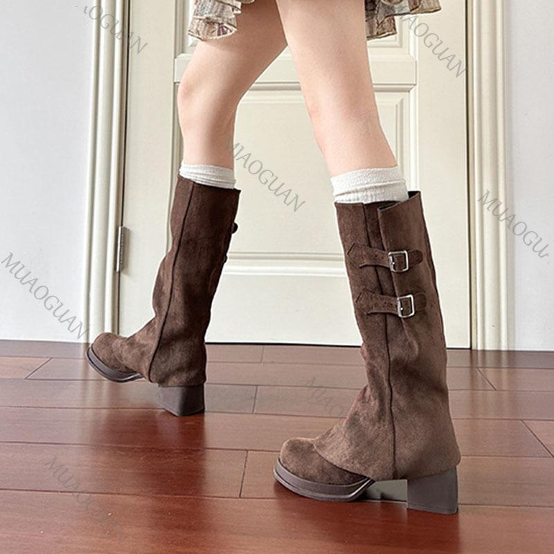 Fashion Retro Fashion Removable Two Wear Suede Knee High Long Boots Chunky High Heeled Women's Shoes 2025 Autumn Solid Thigh-high Boots