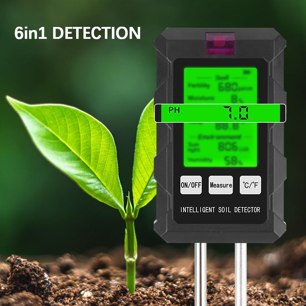6 In 1 Gardening Tool Soil Tester pH Temperature Humidity Sunlight Air Moisture Nutrient Fertility Meter Tool Multifunctional
