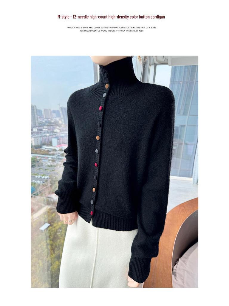 Women's 100% Pure Wool High Neck Sweater, Buttoned Cardigan, Loose Fit, Autumn/Winter Fashion.