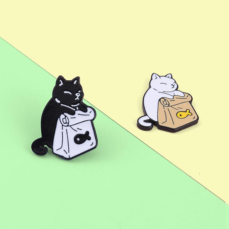 Feed Myself Enamel Pins Cute Black White Cat Dried Fish Bag Brooches Lapel Badge