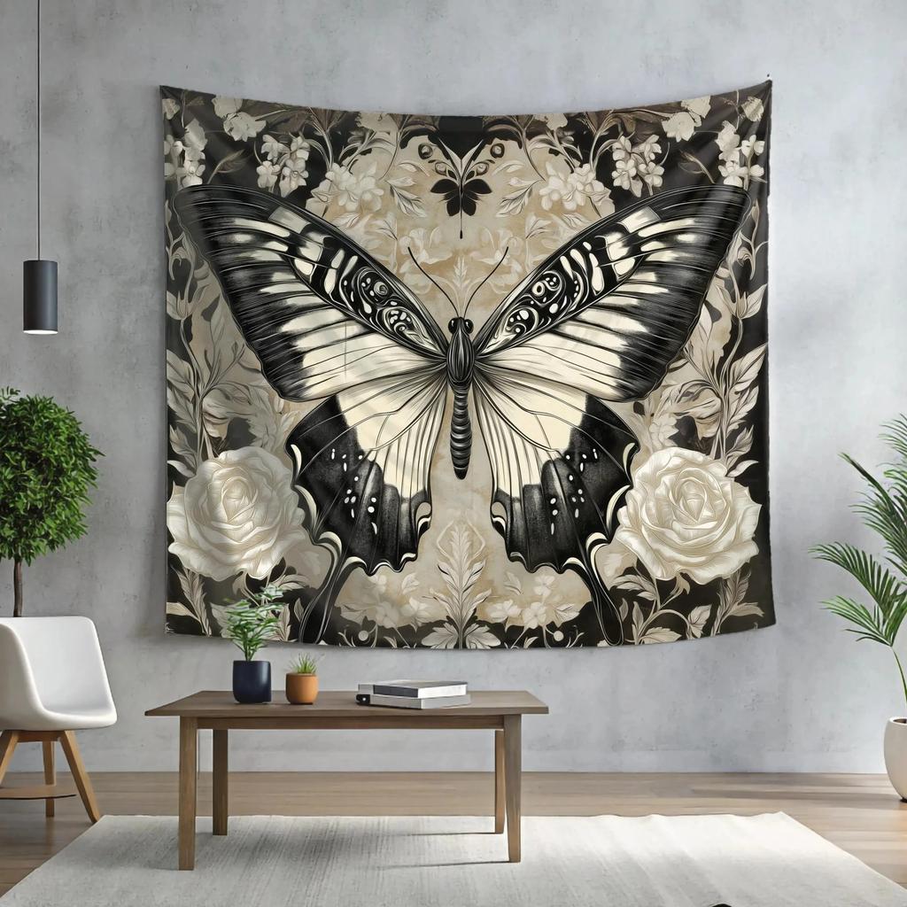 Vintage Black Butterfly Floral Tapestry Peach Skin Wall Hanging Gothic Rose Botanical Art Aesthetic Room Decor for Bedroom Dorm
