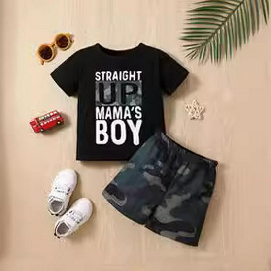Boys' Summer Outfit: Letter Print Tee & Camo Shorts Set - European and American Style.