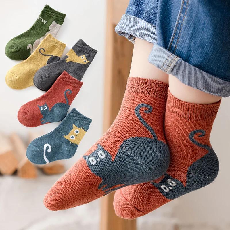 

5 Pairs of Four-season Baby Socks Spring Fall Cartoon Kitten Winter Mid-tube Kidsren s Socks Boys and Girls Kidsren s Socks 0-1Years