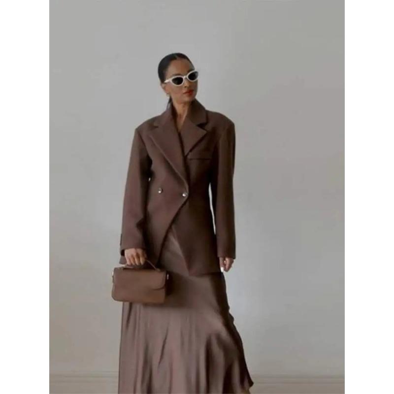 

Повседневный коричневый пиджак с карманами и лацканами, женская мода, блейзер с длинным рукавом, пальто, женская осенняя уличная верхняя одежда L