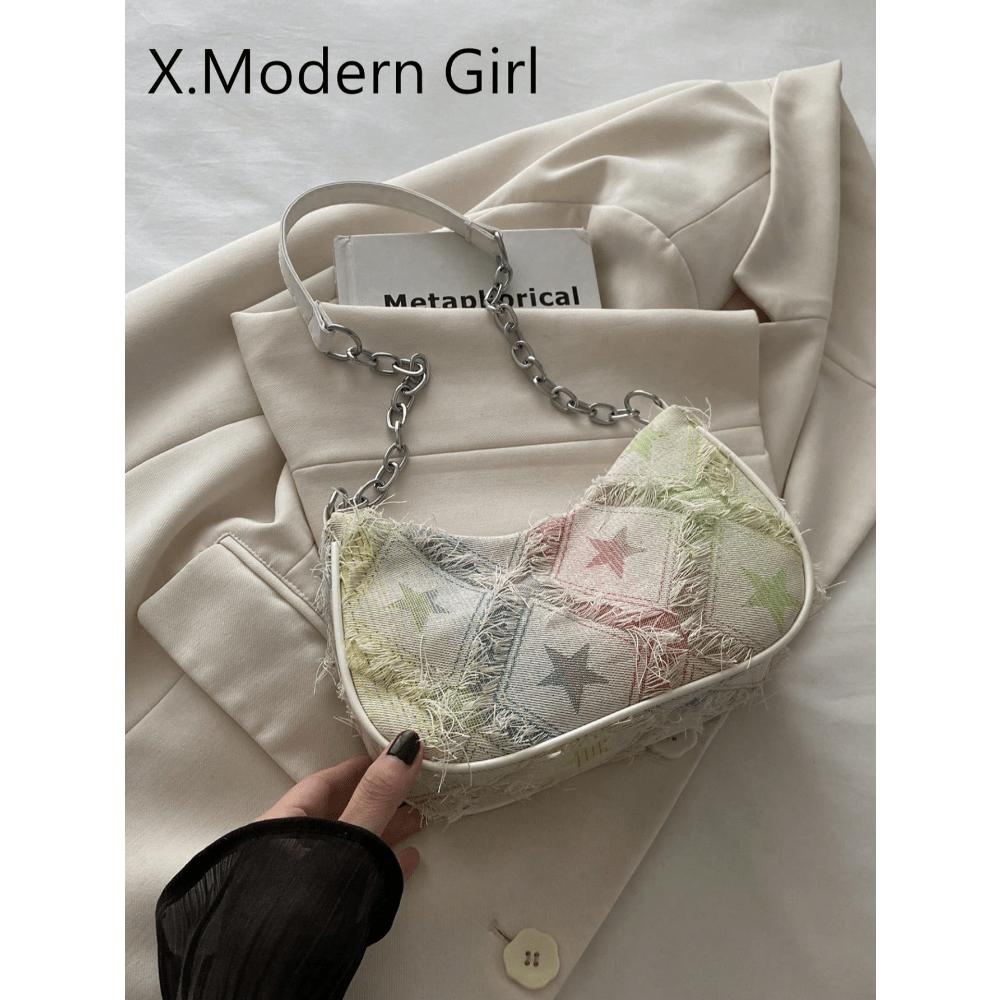 Decorative Buckle Detailing, Stitching, Chain Strap Shoulder Bag, Women's Decorative Buckle Shoulder Bag, Street Fashion Hobo Bag