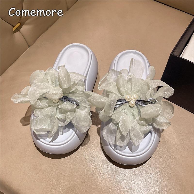Fashion Comfort Platform Slides for Women Spring Summer Outdoor Beach Slippers Thick Bottom Slip on Sandals Lace Flower Decor Shoes