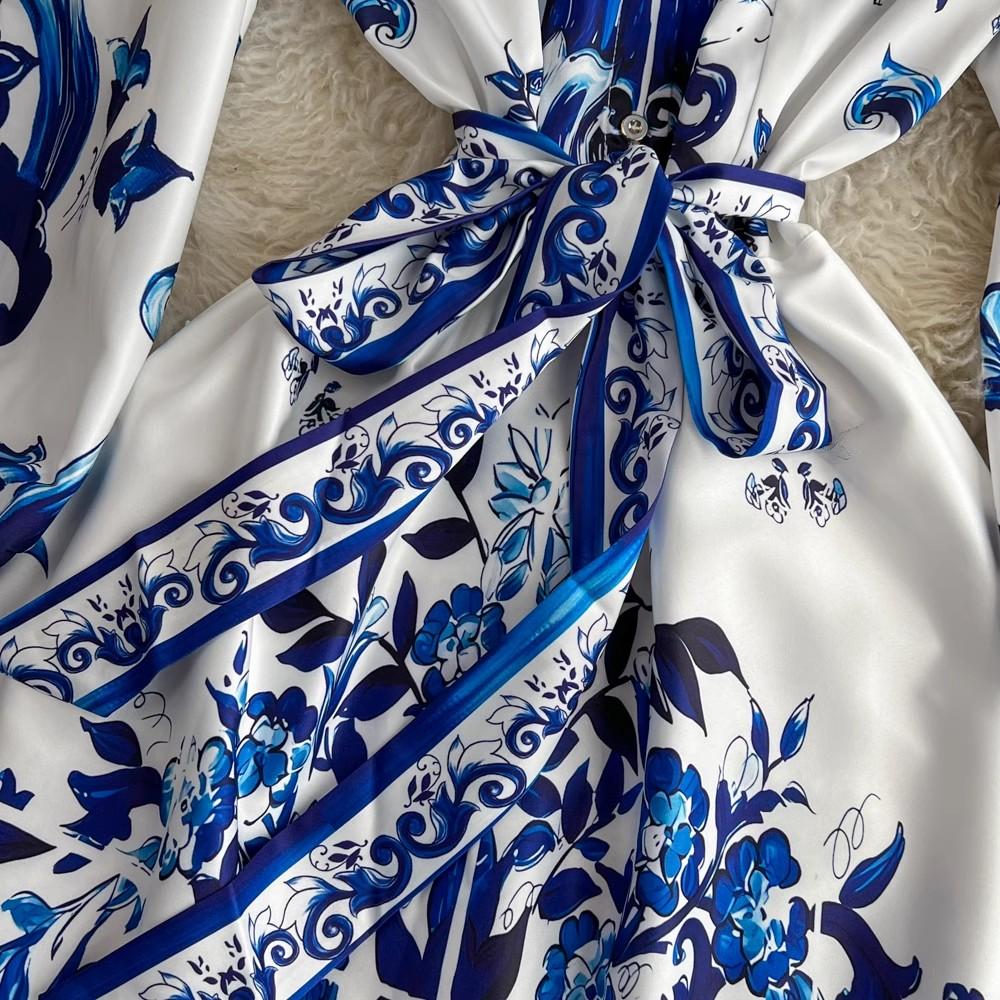 Autumn Holiday Red Blue And White Porcelain Maxi Dress Women Long Sleeve Single Breasted Lace Up Belt Flower Print Robe