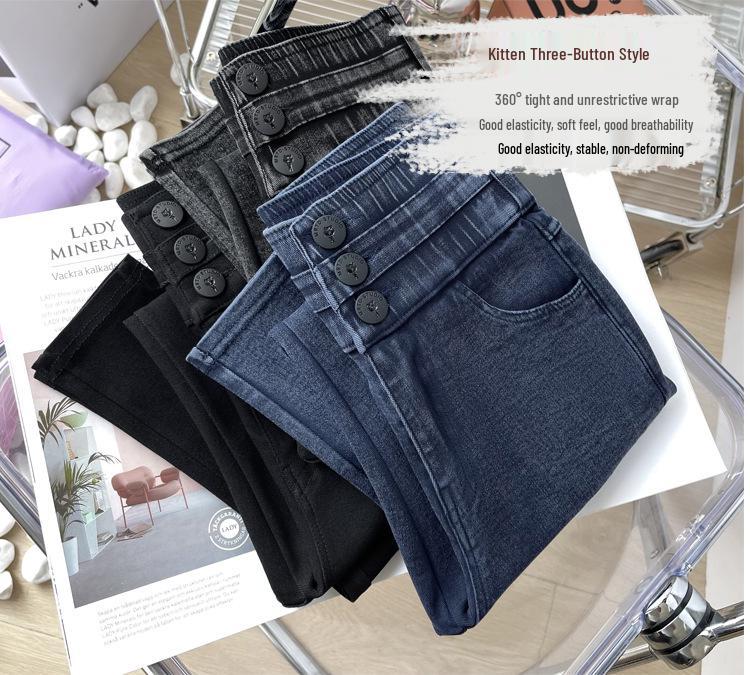 Hohe Taille Schwarze Fleece-gefütterte Koreanische Katzen-Leggings für Damen - Dehnbar, Skinny Fit Bleistifthosen