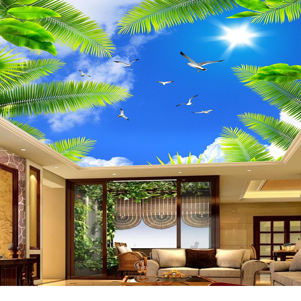 Blue Sky Ceiling Wallpaper White Clouds Coconut Trees Seagull Mural Bedroom Living Room Murals For Ceilings