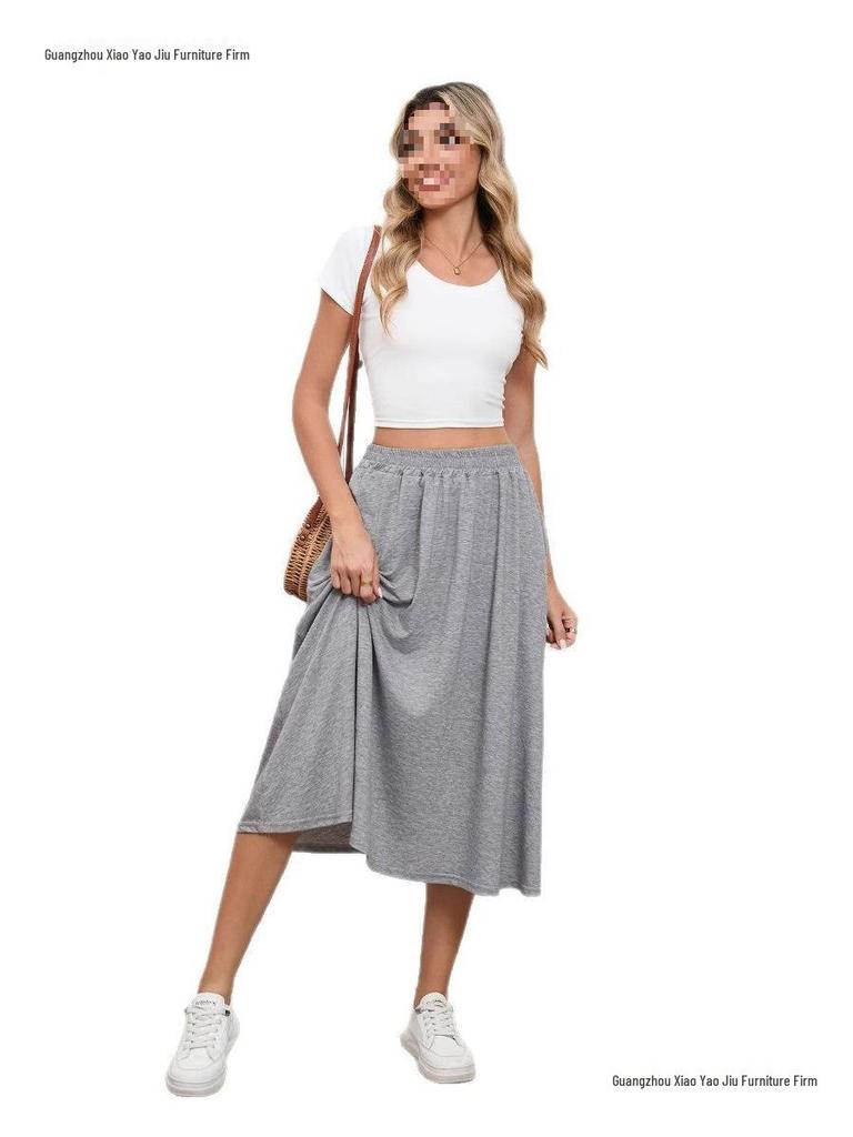 European High-Waisted Casual Midi Skirt - A-Line, Loose Fit, Draped Hem