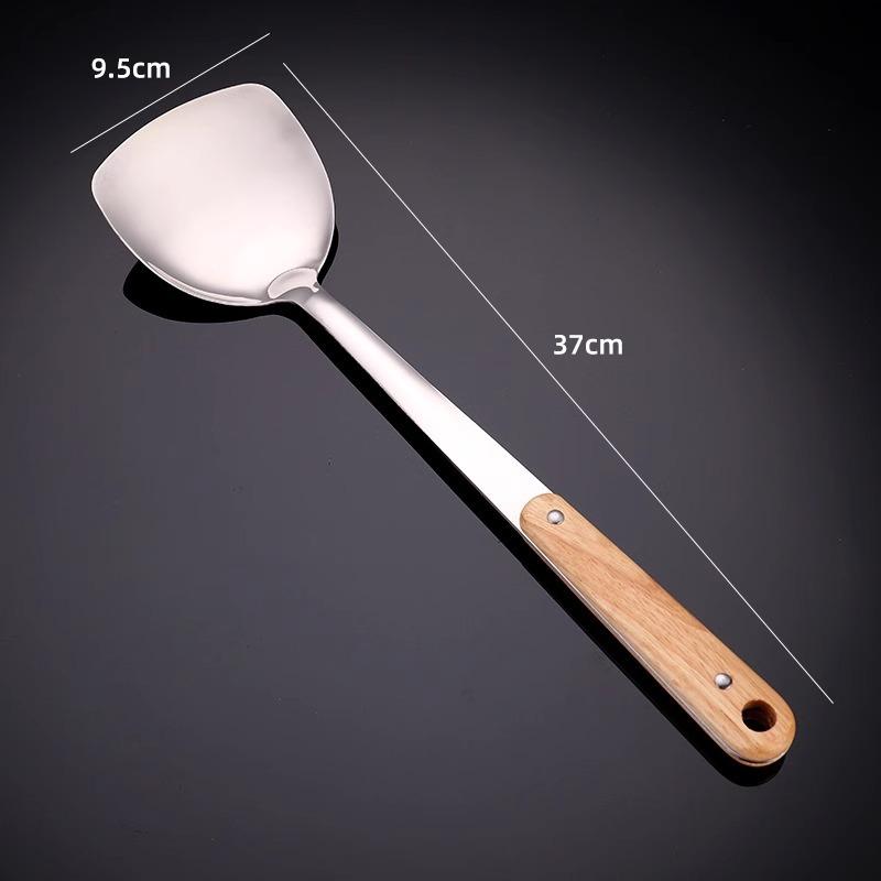 Stainless Steel Spatula with Thick Solid Wood Handle Household Cooking Spatula Soup Spoon Soup Spatula and Kitchenware