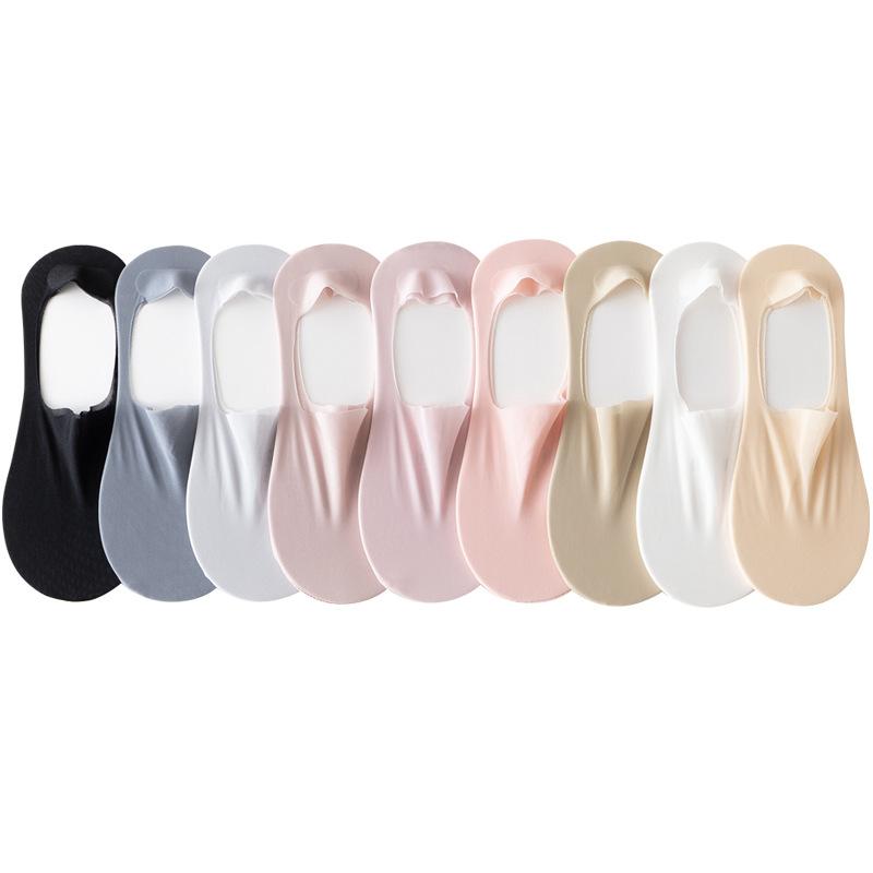 5 Pairs Women's Summer Thin Ice Silk Mesh Socks Cotton Base Solid Color Invisible Sweat Absorbent Non-slip No Heel Drop
