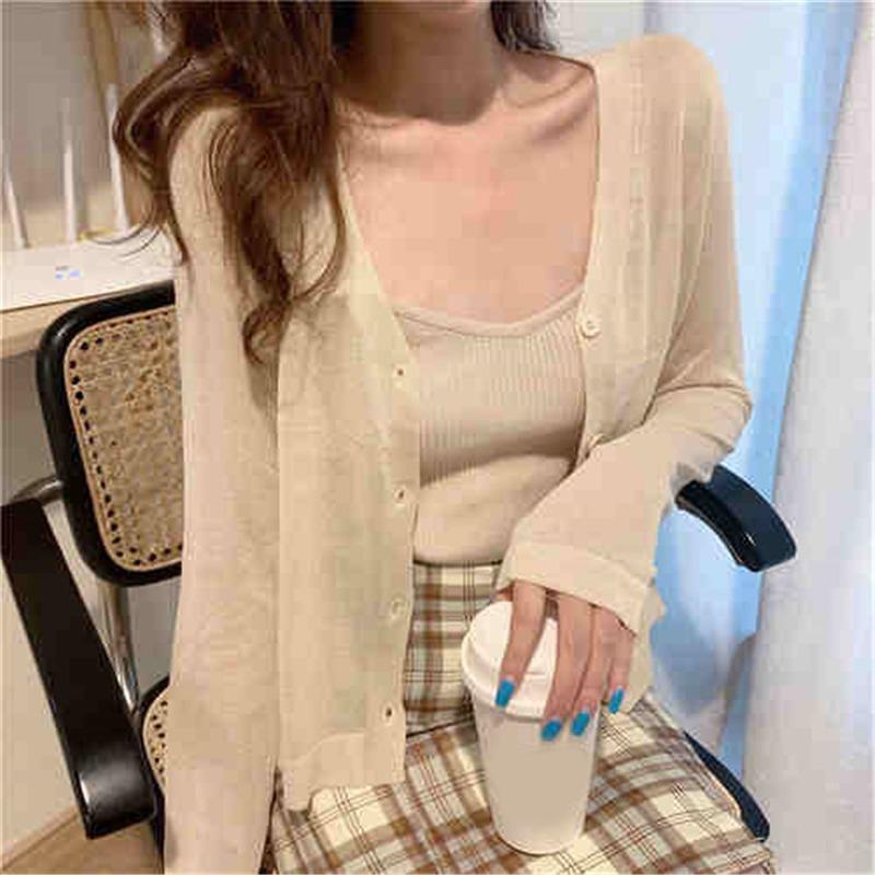 Módní letní pletené sluneční tričko Nové dámské ležérní kardigany s dlouhým rukávem V výstřih Tenký top Jednobarevné Jednoduché Elegantní halenky 3668