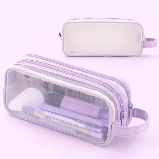 Transparent Mesh Pencil Case Large Capacity Double Layer Pen Bag for Students Lightweight Stationery Pouch for School Office Exams