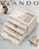 Vlando Glass Lid 4-Drawer Jewelry Box for Women - Organizer for Necklaces, Rings, Earrings, Bracelets, and Other Accessories - White Day Gift (Ivory)