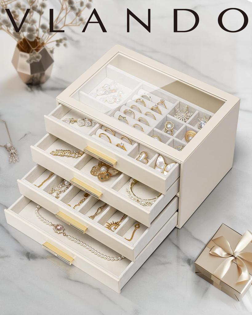 Vlando Glass Lid 4-Drawer Jewelry Box for Women - Organizer for Necklaces, Rings, Earrings, Bracelets, and Other Accessories - White Day Gift (Ivory)