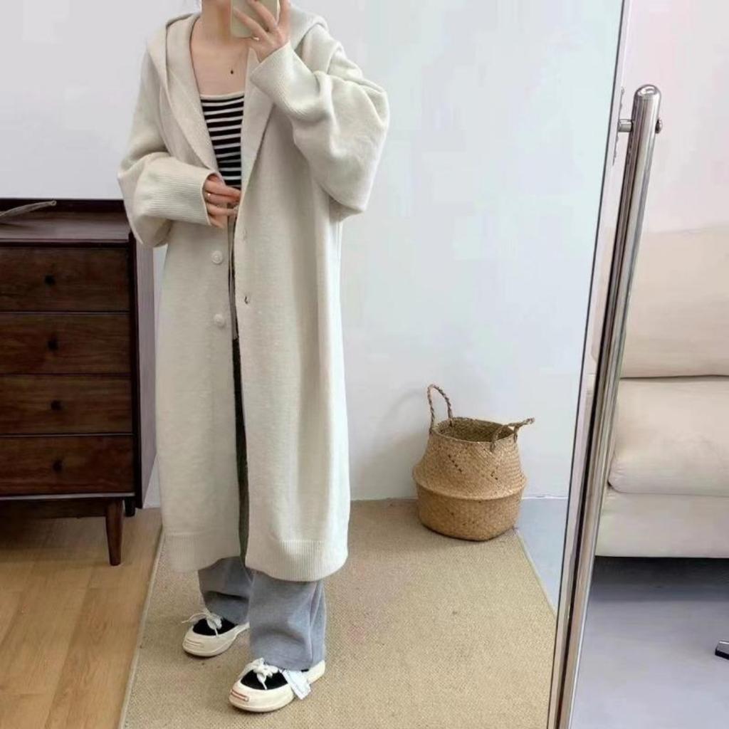 Korean Version of The Loose Hooded Knee Sweater Cardigan, Women's Fall and Winter Soft Lazy Wind In Long Sweater Jacket