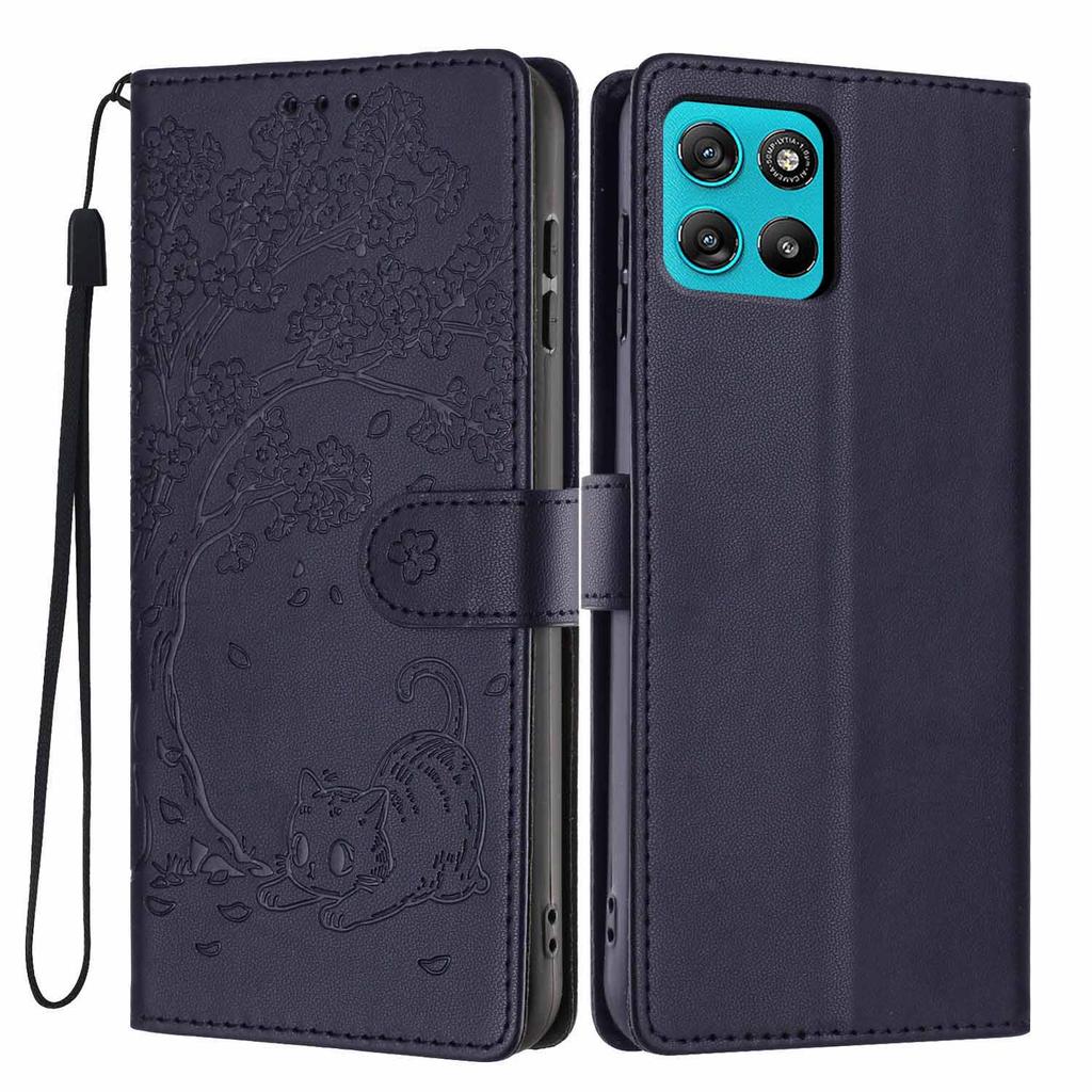 For Motorola Moto G67 Power 5G/G57 Power 5G Stand Case Tree-and-Cat Pattern PU Leather Wallet Protective Phone Cover with Wrist Strap