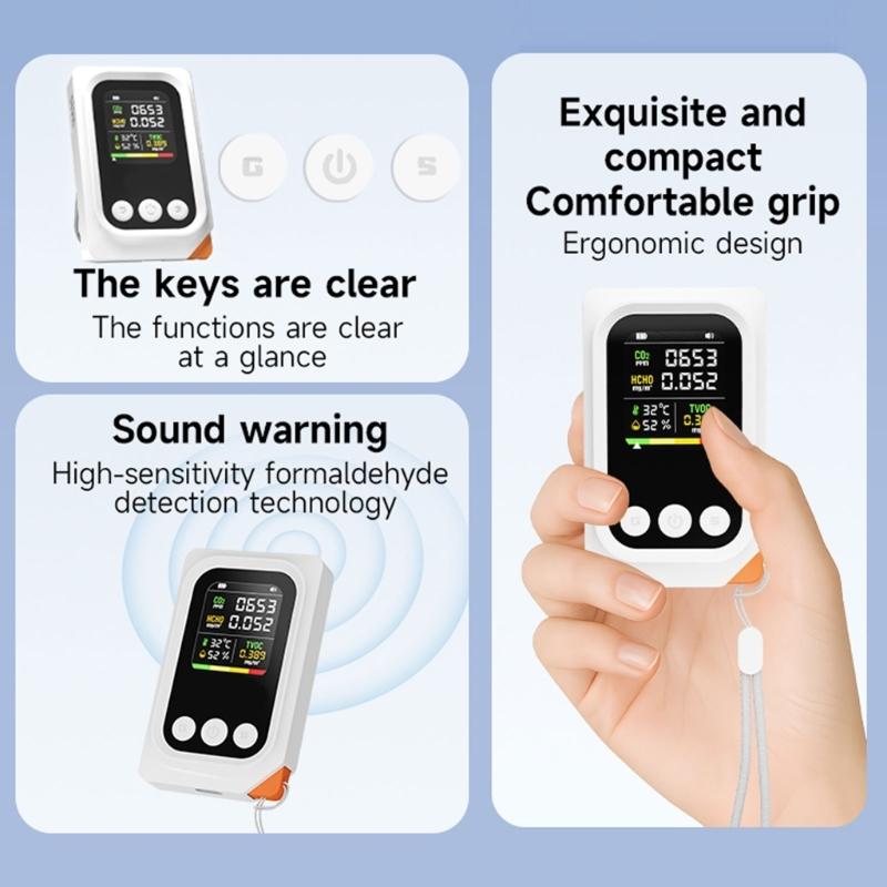 5 in 1 Air Quality Monitors Formaldehyde CO2 TVOC Temperature Moisture Detectors with Immediate Display for Household Use