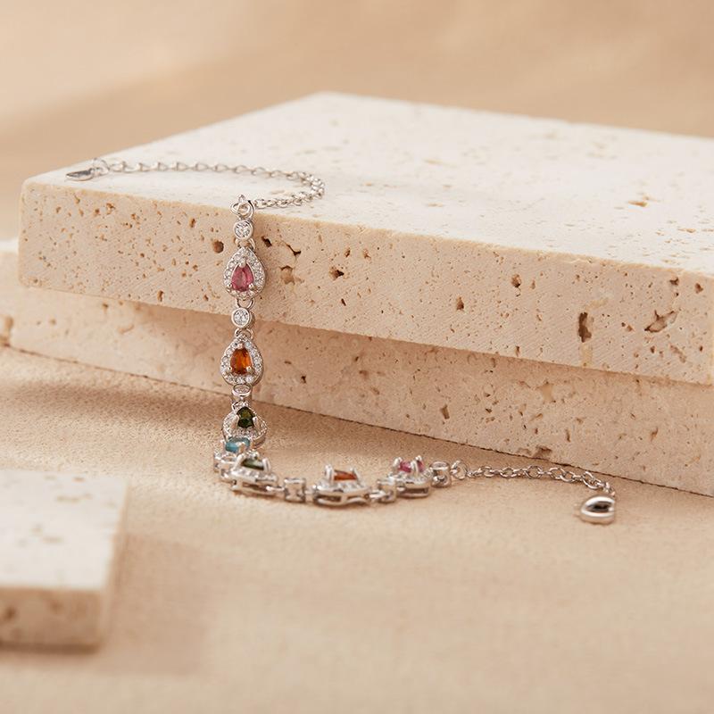 S925 Sterling Silver Color Treasure Jewelry Natural Tourmaline Bracelet Women'S Droplet Gem Bracelet