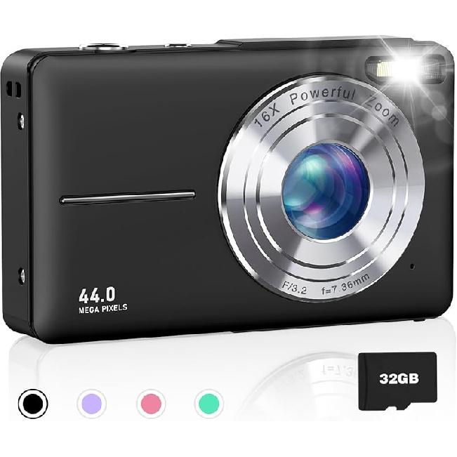 Digital Camera, FHD 1080P Kids Camera, 44MP Point and Shoot Cameras for Pictures with 32GB Card, 16X Zoom, Lanyard, Portable Travel Mini Camera for