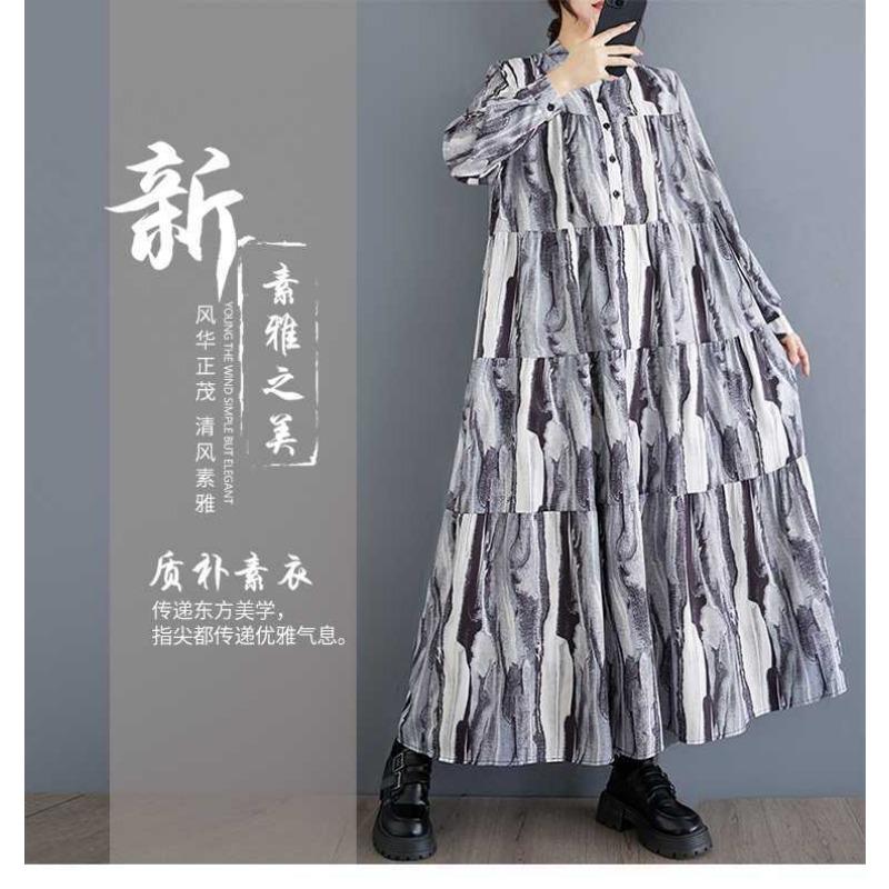 New Large Size Loose Thin Fashion Long-sleeved Printed Dresses