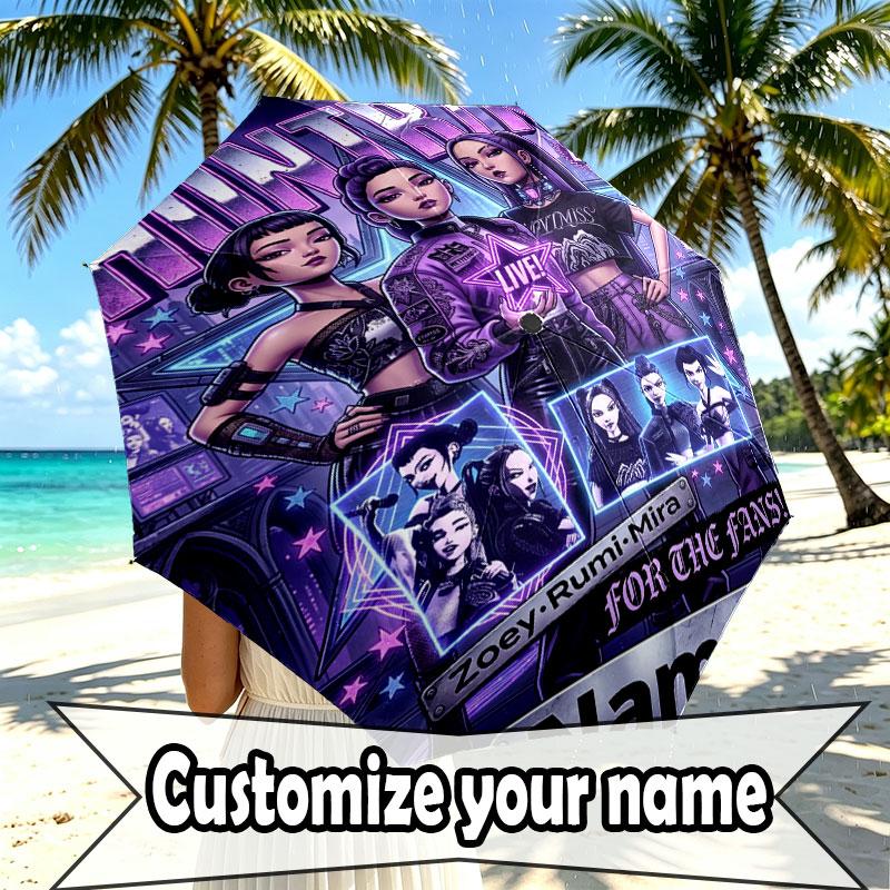 Custom Name Personalized Kpop Demon Hunter Print Umbrella, Auto Open Close, 8‑Rib Sturdy Frame, Commute Camping Hiking Use, Birthday Gift