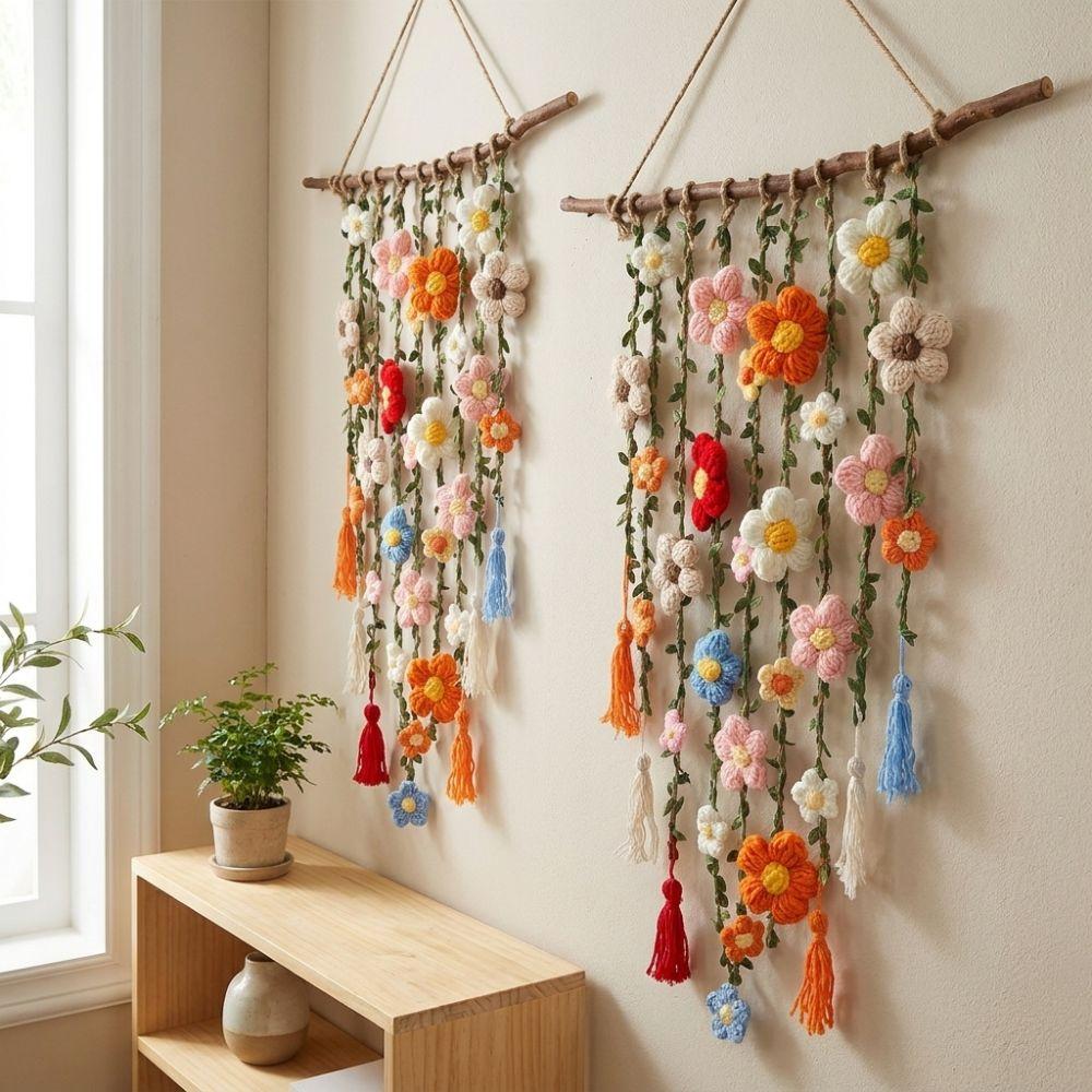 Natural Wooden Branch Flower Vine Tassel Ornament Hand Knit Flower Tapestry Living Room