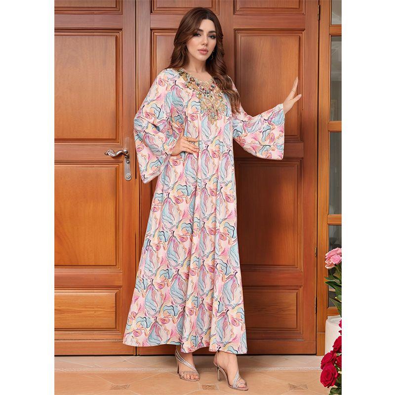 

Indonesia Middle East Robe Sequined Embroidered V-neck Bell Sleeve Loose Dubai Arabic Plus size Jumpsuit DRESS Pink XL