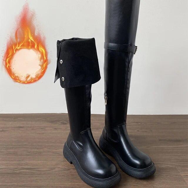 Botas por encima de la rodilla de invierno para mujer, botines largos elegantes de tacón bajo sin cordones a la moda, botines de caballero con hebilla de cinturón para mujer