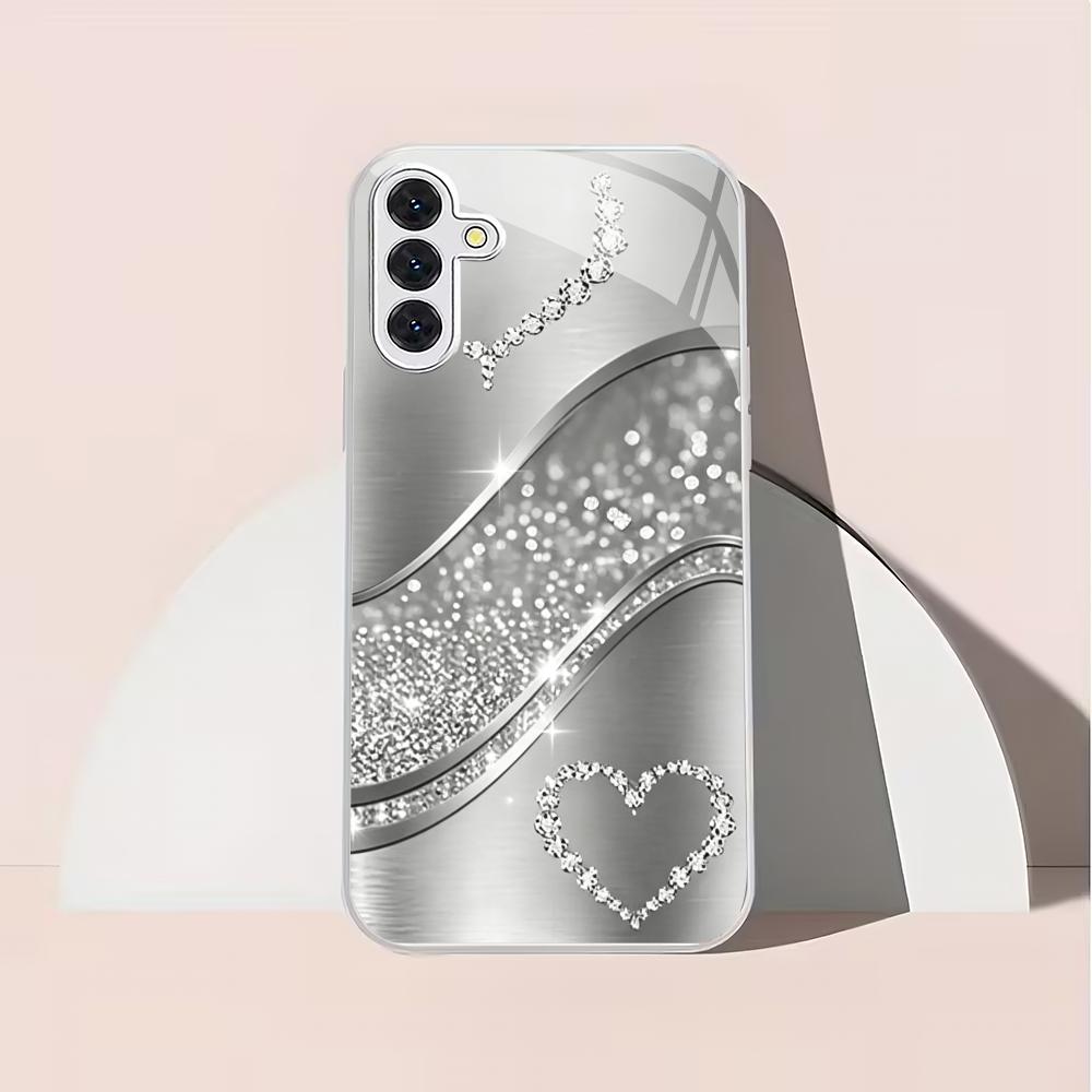 Silver Flash Love Wind Glass Phone Case Suitable for Samsung Galaxy S26 S25 S24 S22 S21 S20 FE/Ultra/Plus Anti Drop Back Cover