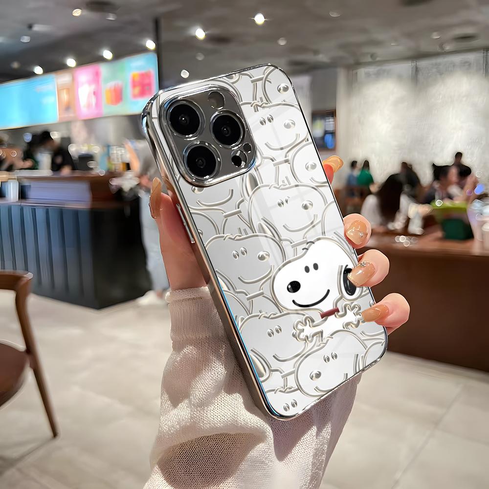 Cute Cartoon S-SnoopyS Phone Case For IPhone 17 Pro Max 15 Pro 16 14 Plus 12 13 Mini 11 Pro Shockproof Electroplated Glass Cove